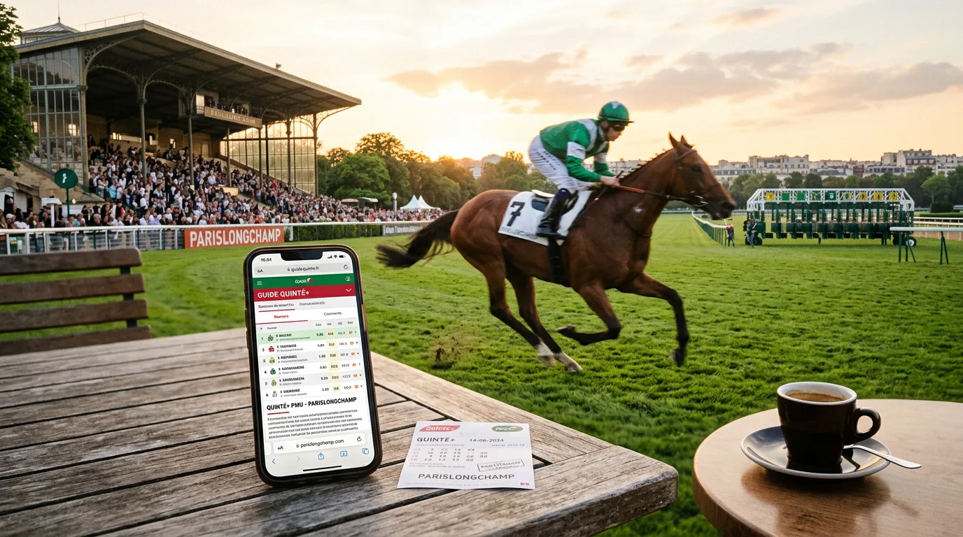 Guide quinté+ affiché sur l'écran d'un smartphone posé sur une table de bistrot avec un ticket de PMU et un verre de café à ParisLongchamp