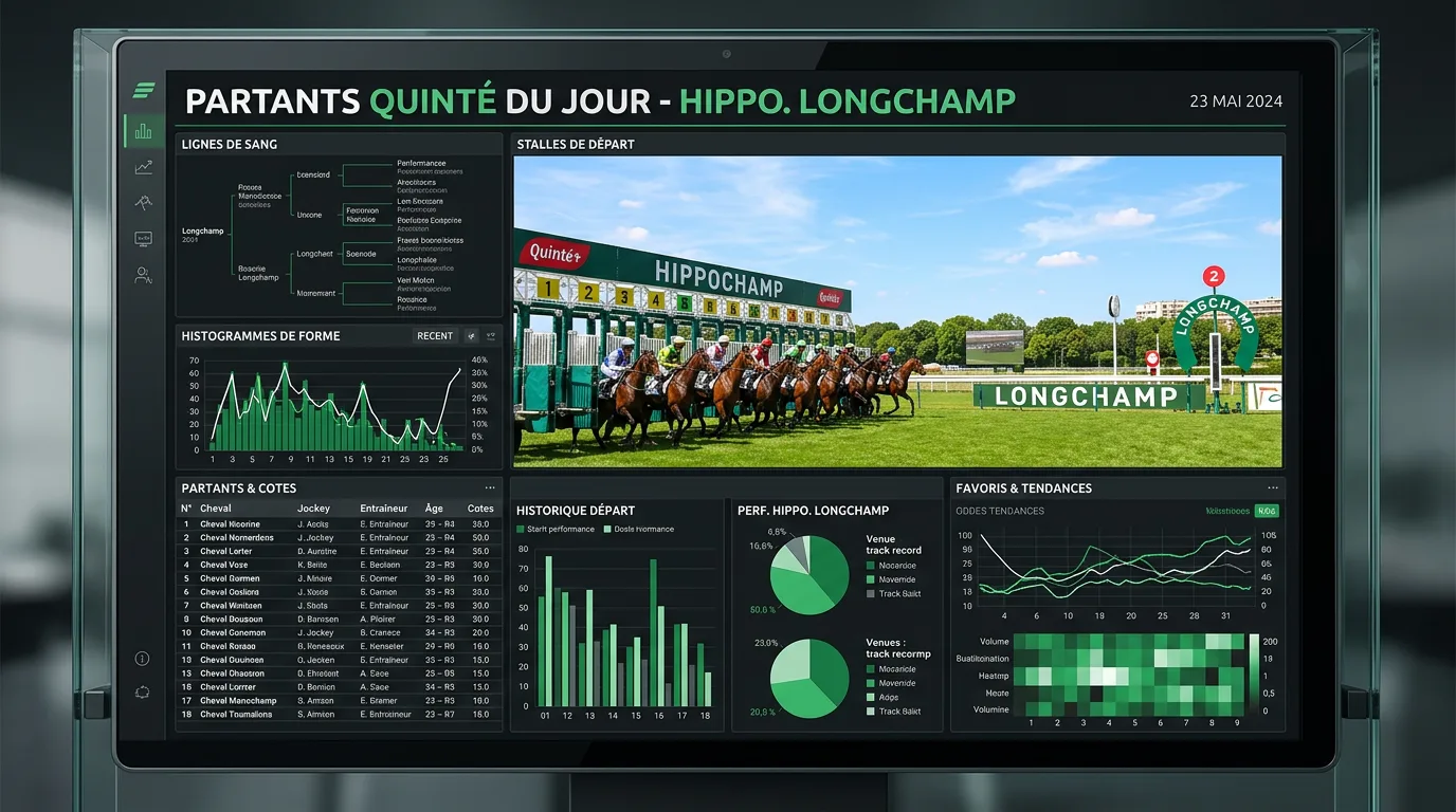 partants quinté du jour alignés dans les stalles de départ sous un ciel ensoleillé à Longchamp